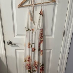 Long floral halter dress with crisscross back